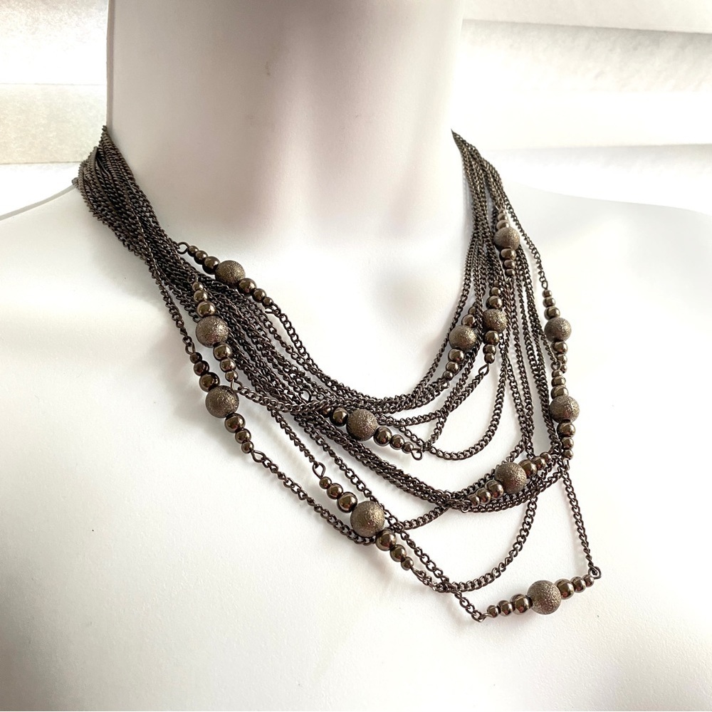 Multi-Strand Gunmetal Chains & Beads Necklace